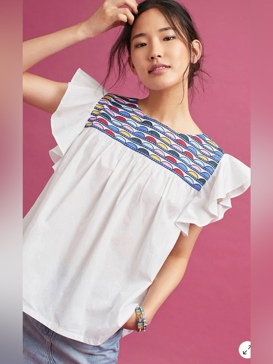 WHIT Two for Anthropologie Tops - WHIT TWO Anthropologie Embroidered Flutter Sleeve Top White Rainbow Yoke Size LP